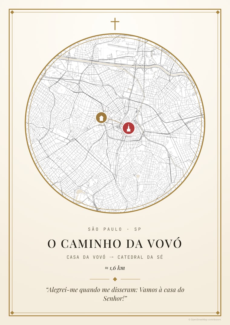 Pôster mostrando o caminho da casa até a Catedral da Sé, com a distância